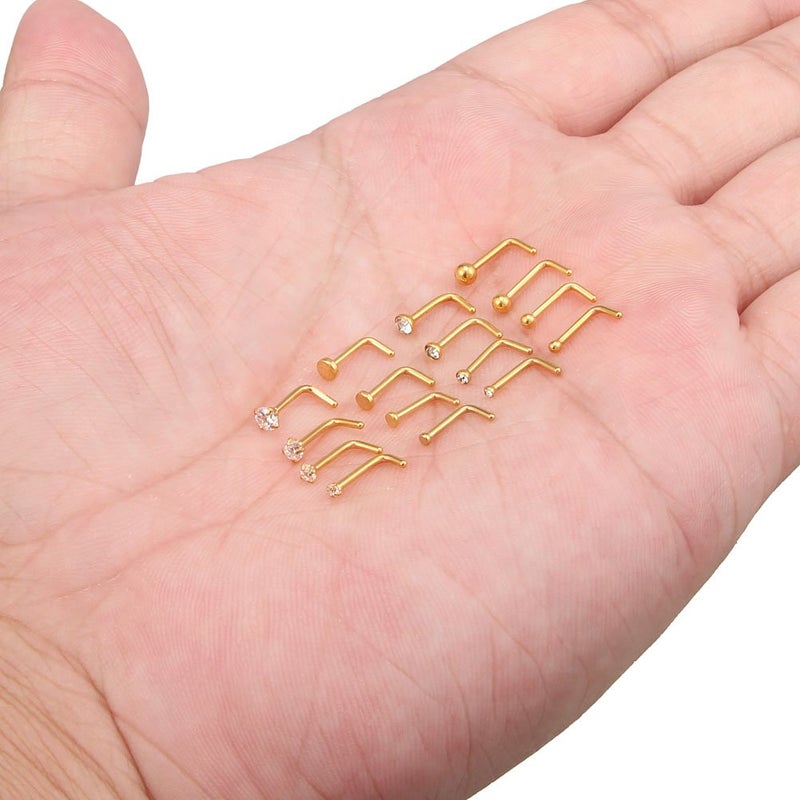 Ruifan 16PCS 18G Surgical Steel 1.5mm 2mm 2.5mm 3mm Top Flat & Ball & Clear Round & Jeweled Clear CZ Curved Nose Stud Ring L Shaped Piercing Jewelry - Gold - Image 2